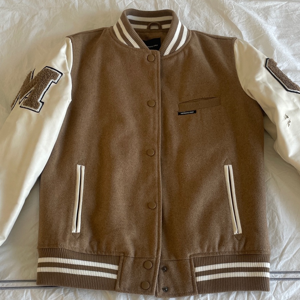 Members Only Tan and White Varsity Jacket